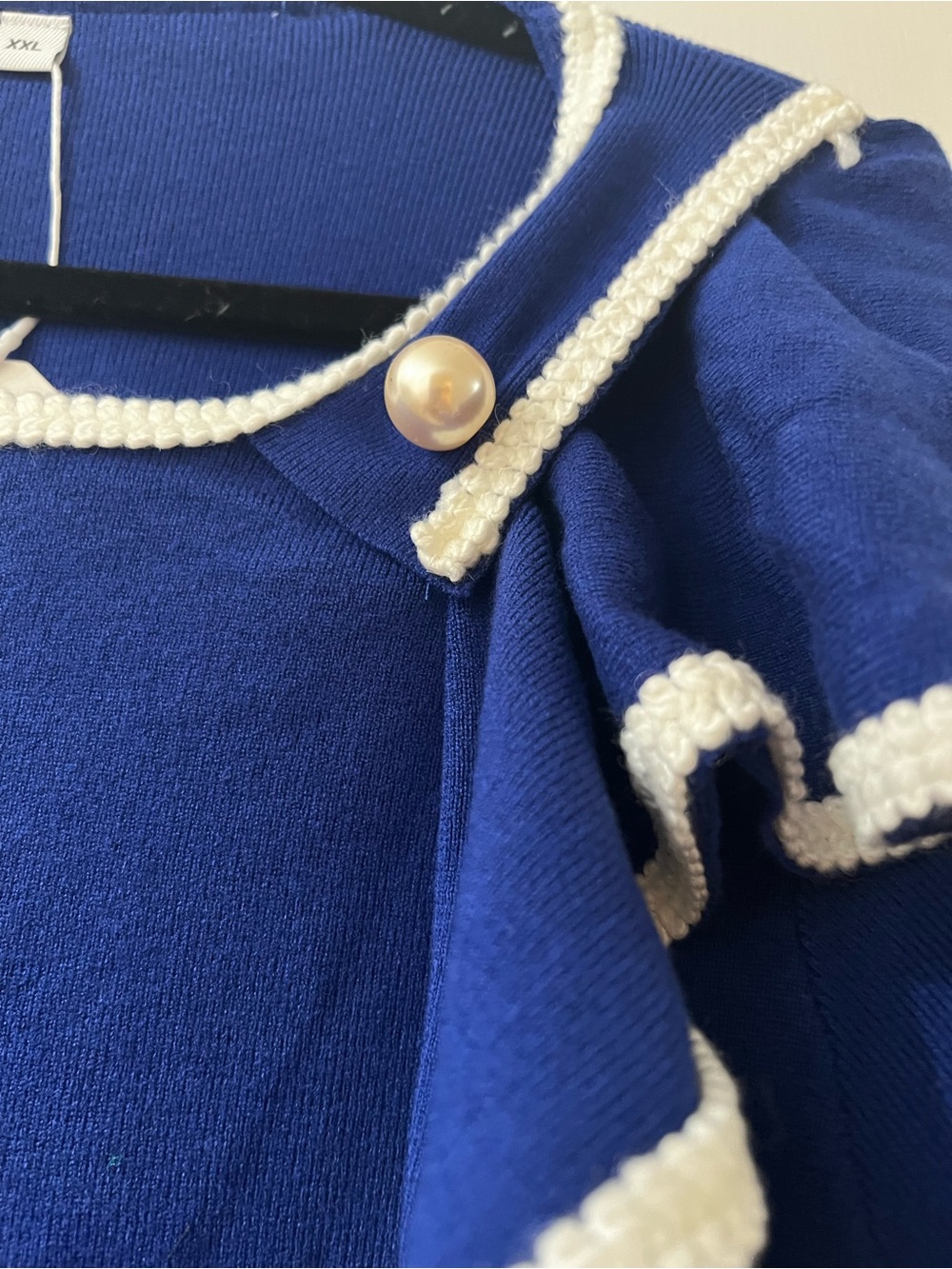 Navy Ruffle Trim Long Sleeve Top with Cream Piping - Picture 3 of 8